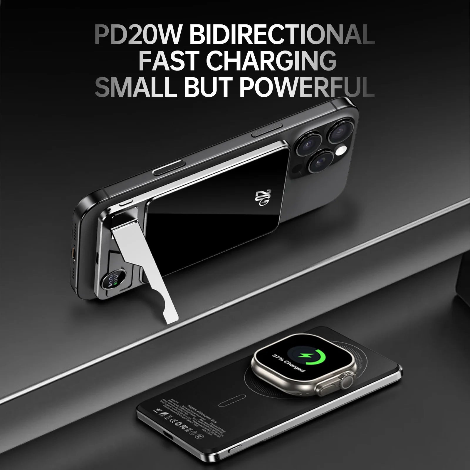 Portable Charger Powerbank with Cable PD20W Power Bank Wireless 15W with Phone Holder LED Display Mobile Phone Backup Battery