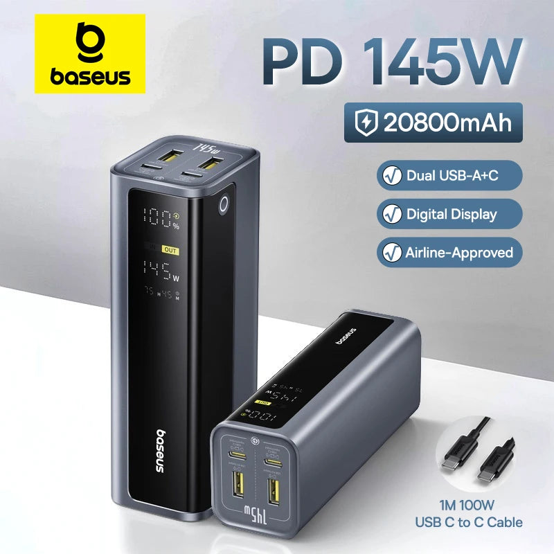 145W Power Bank 20800Mah Dual USB a USB C PD 100W Fast Charging Digital Display Portable Powerbank for Laptop Phone Steam