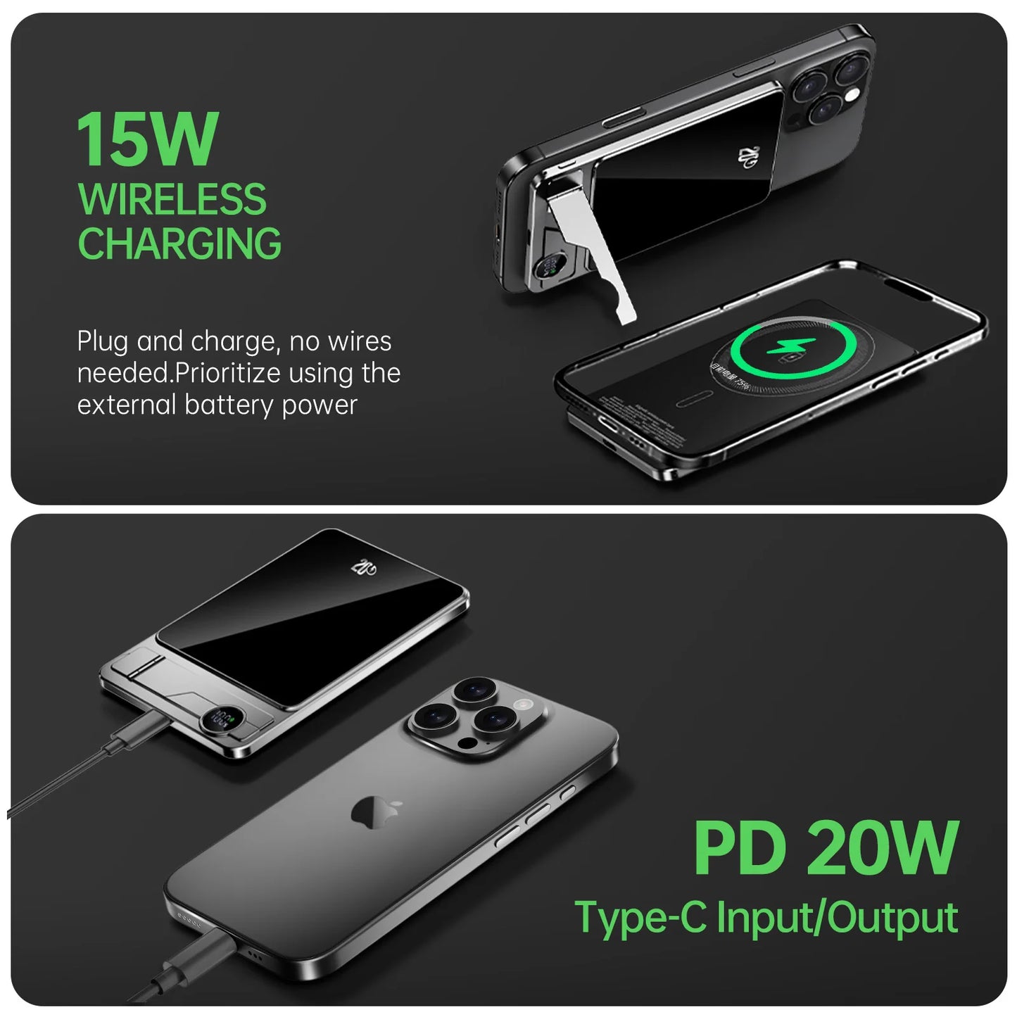 Portable Charger Powerbank with Cable PD20W Power Bank Wireless 15W with Phone Holder LED Display Mobile Phone Backup Battery