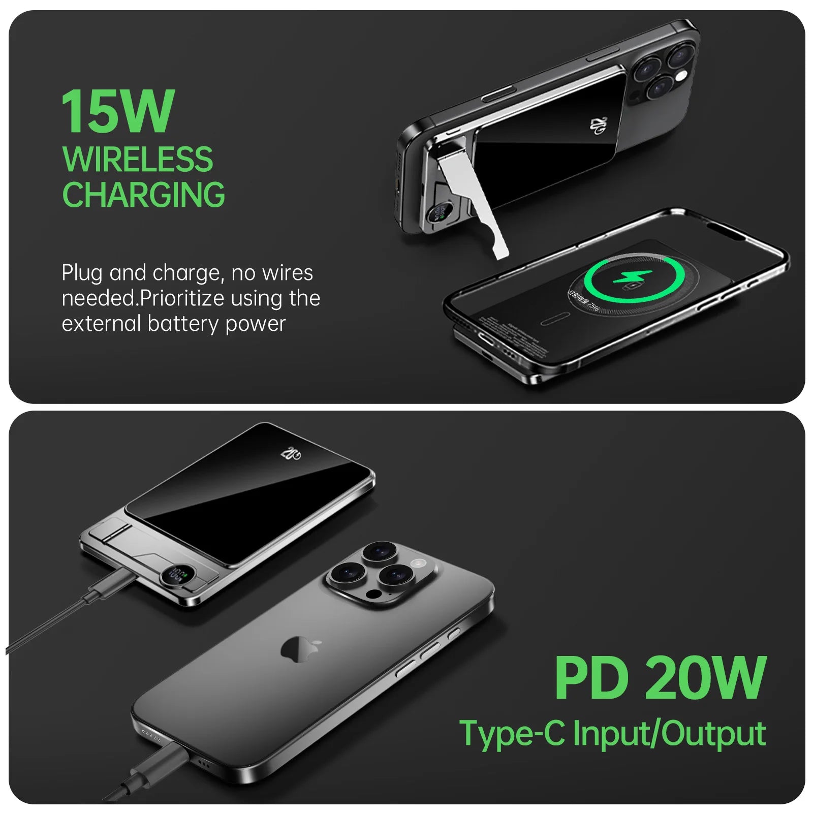 Portable Charger Powerbank with Cable PD20W Power Bank Wireless 15W with Phone Holder LED Display Mobile Phone Backup Battery