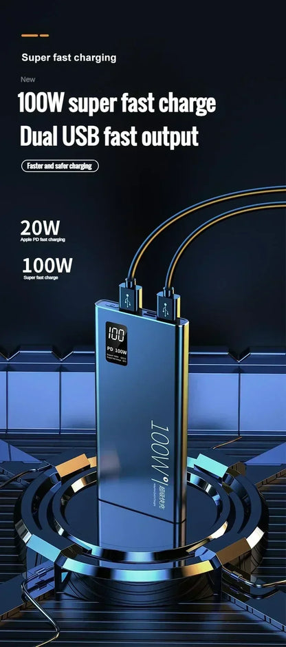 100W Ultra-Fast Charging 30000Mah Power Bank with Dual USB Ports High Capacity External Battery for Iphone 15 Android Samsung