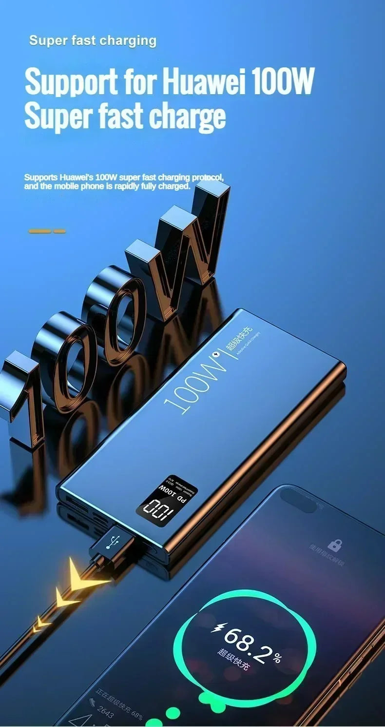 100W Ultra-Fast Charging 30000Mah Power Bank with Dual USB Ports High Capacity External Battery for Iphone 15 Android Samsung